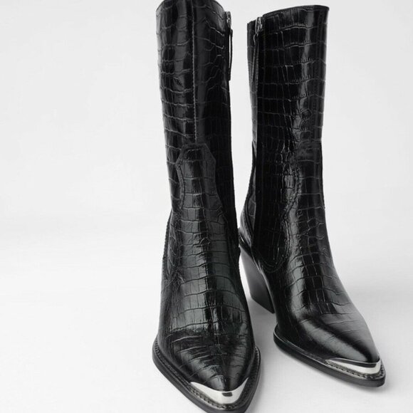 Zara Leather Cowboy Heel Ankle Boots With Metal Trim - Picture 4 of 8